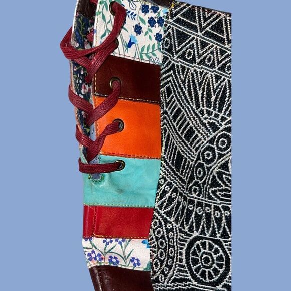 Socofy Bohemian Splicing Pattern Blue Leather Side Zip Back Lace Boot Size 7 7.5 - Picture 5 of 12